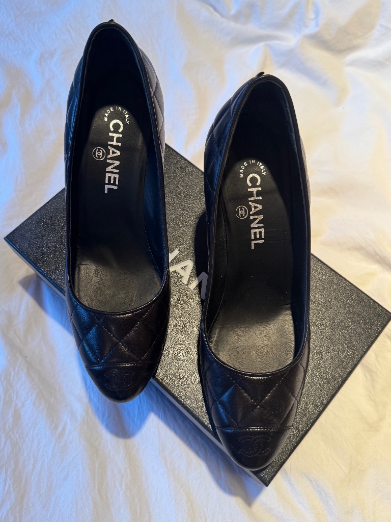 Chanel Black Quilted Leather Heels, Size 38.5